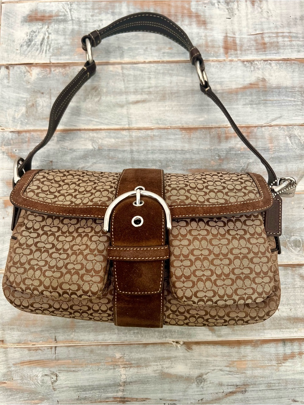 Coach Signature Logo Shoulder Bag Brown Beige Buckle Silver Hardware Medium